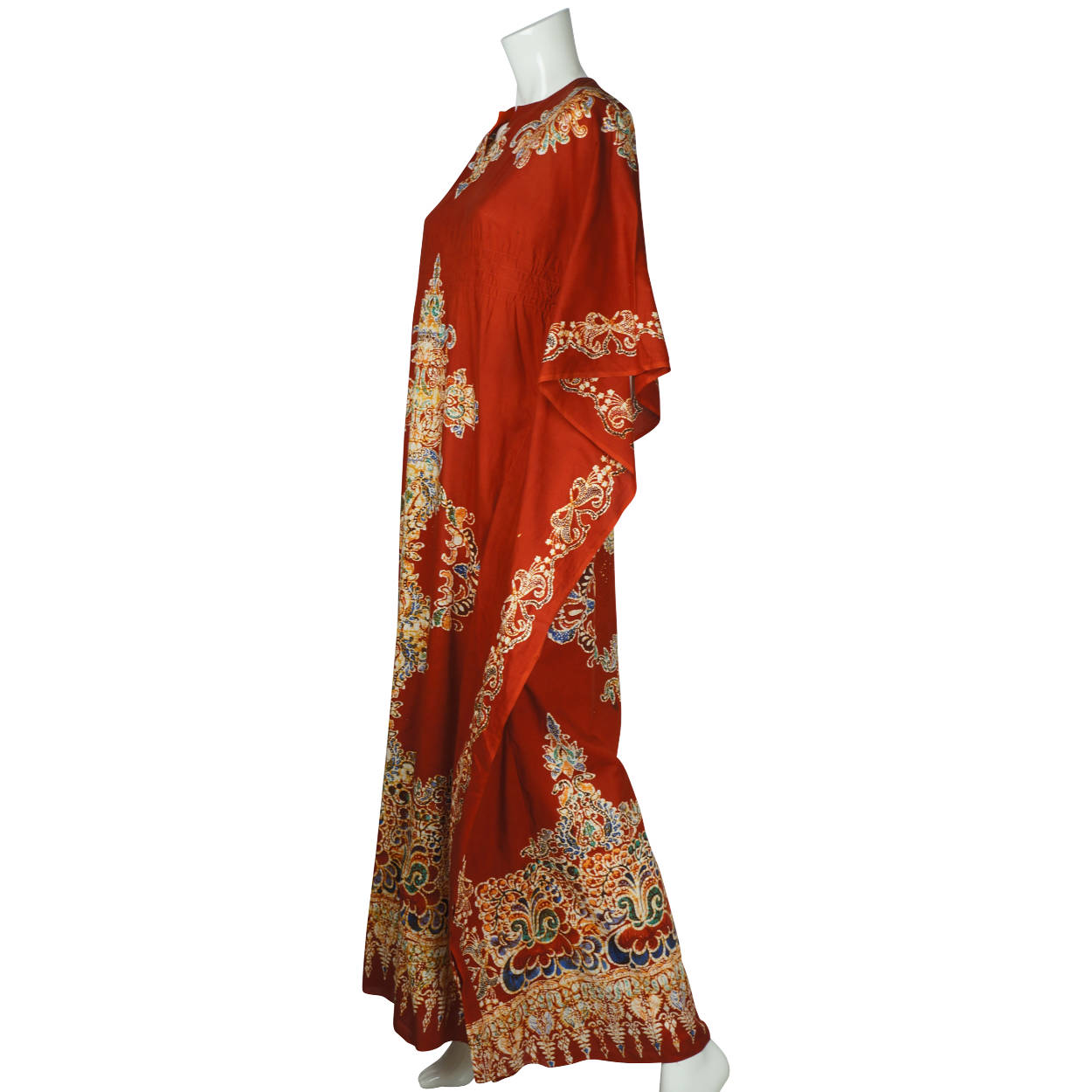 Vintage 1970s Kaftan Red Cotton with Batik Print Caftan Ladies One Size - Poppy's Vintage Clothing