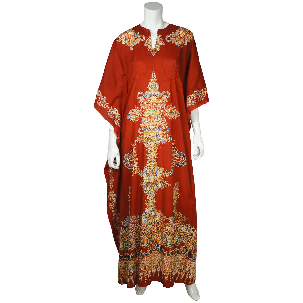Vintage 1970s Kaftan Red Cotton with Batik Print Caftan Ladies One Size - Poppy's Vintage Clothing