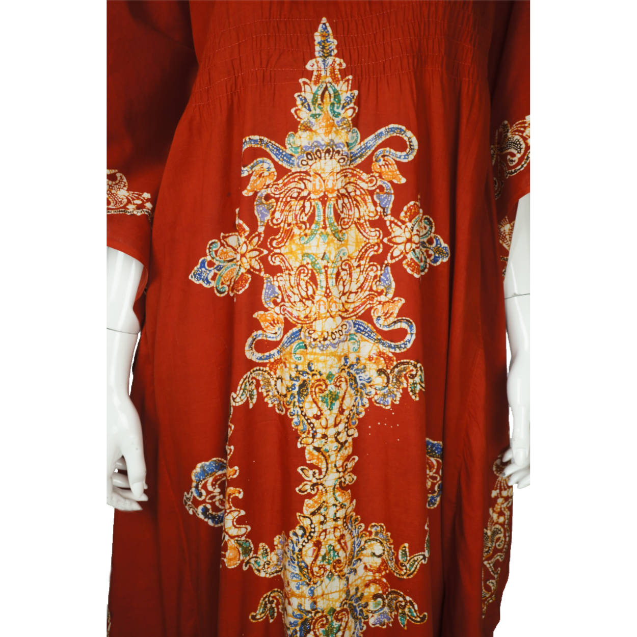 Vintage 1970s Kaftan Red Cotton with Batik Print Caftan Ladies One Size - Poppy's Vintage Clothing