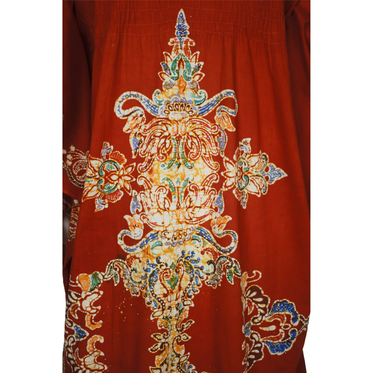 Vintage 1970s Kaftan Red Cotton with Batik Print Caftan Ladies One Size - Poppy's Vintage Clothing