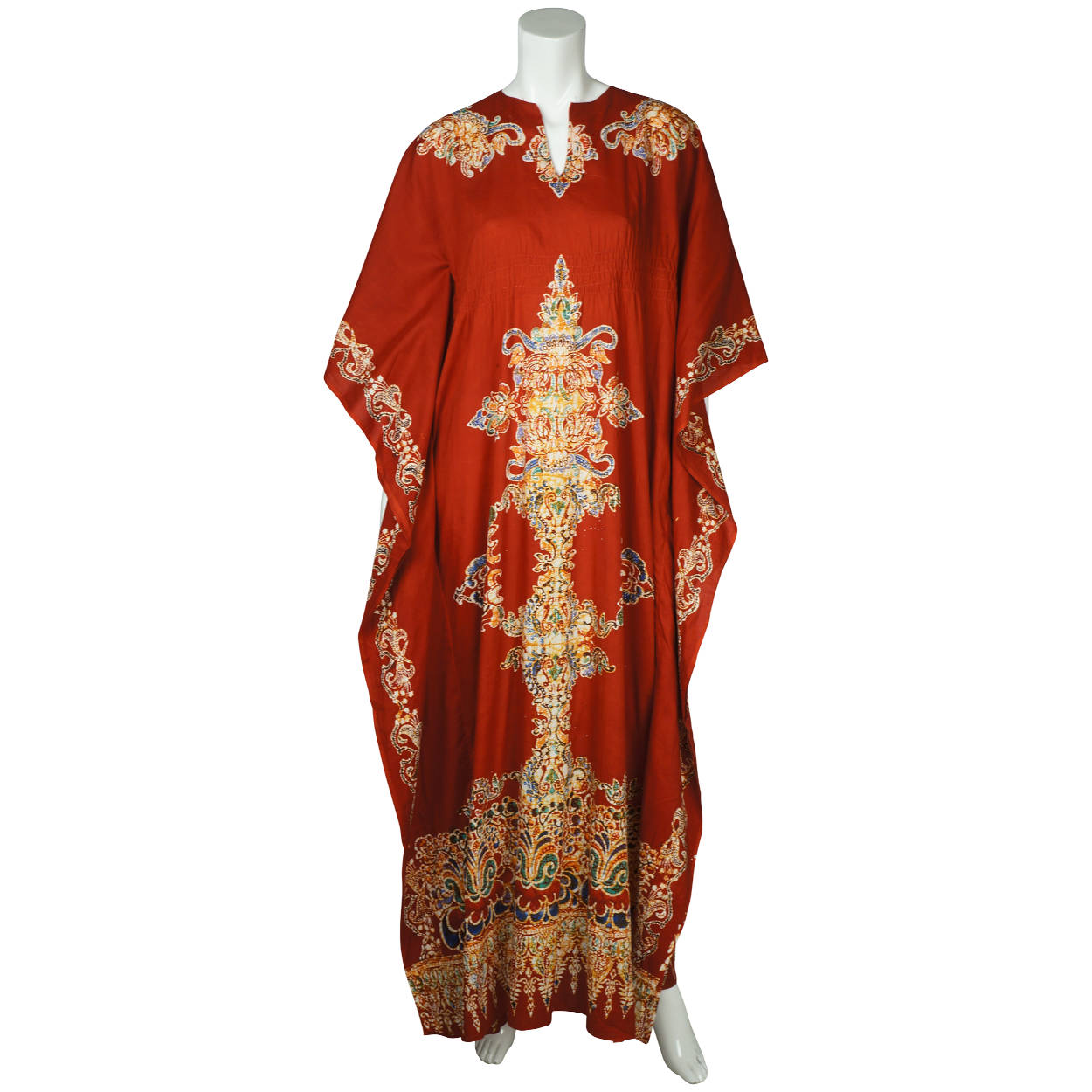 Vintage 1970s Kaftan Red Cotton with Batik Print Caftan Ladies One Size - Poppy's Vintage Clothing