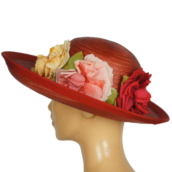 Vintage 1940s Red Straw Hat Wide Brim Flower Decoration Flore Deschamps Montreal - Poppy's Vintage Clothing