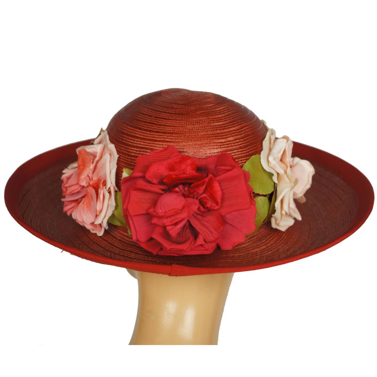 Vintage 1940s Red Straw Hat Wide Brim Flower Decoration Flore Deschamps Montreal - Poppy's Vintage Clothing
