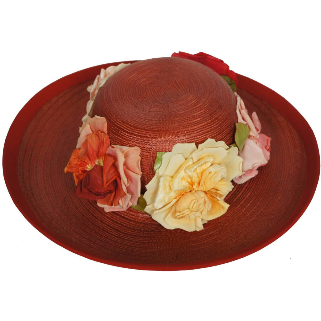 Vintage 1940s Red Straw Hat Wide Brim Flower Decoration Flore Deschamps Montreal - Poppy's Vintage Clothing