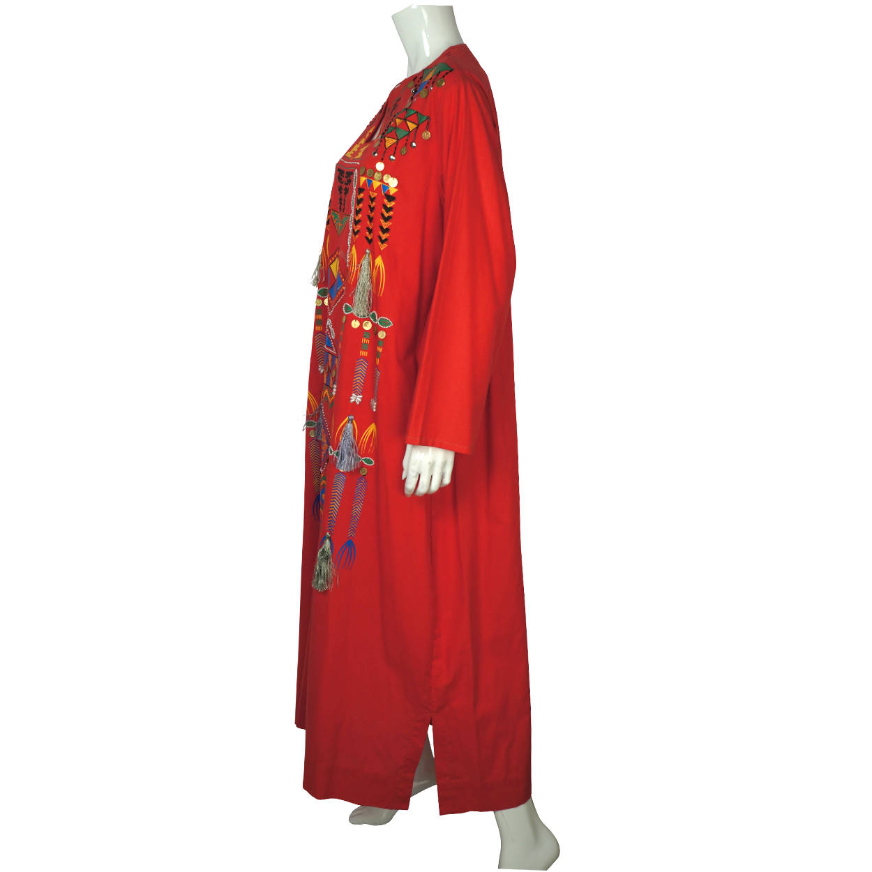 Vintage Caftan Red Cotton Kaftan with Coins & Tassels Size M - Poppy's Vintage Clothing