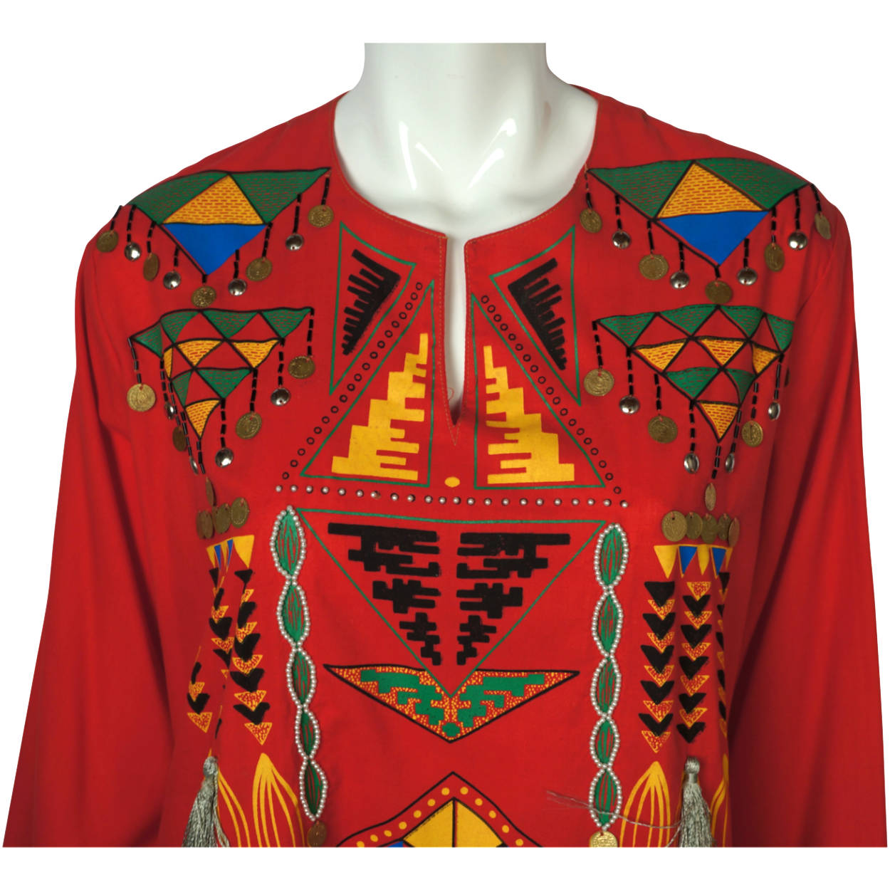 Vintage Caftan Red Cotton Kaftan with Coins & Tassels Size M - Poppy's Vintage Clothing