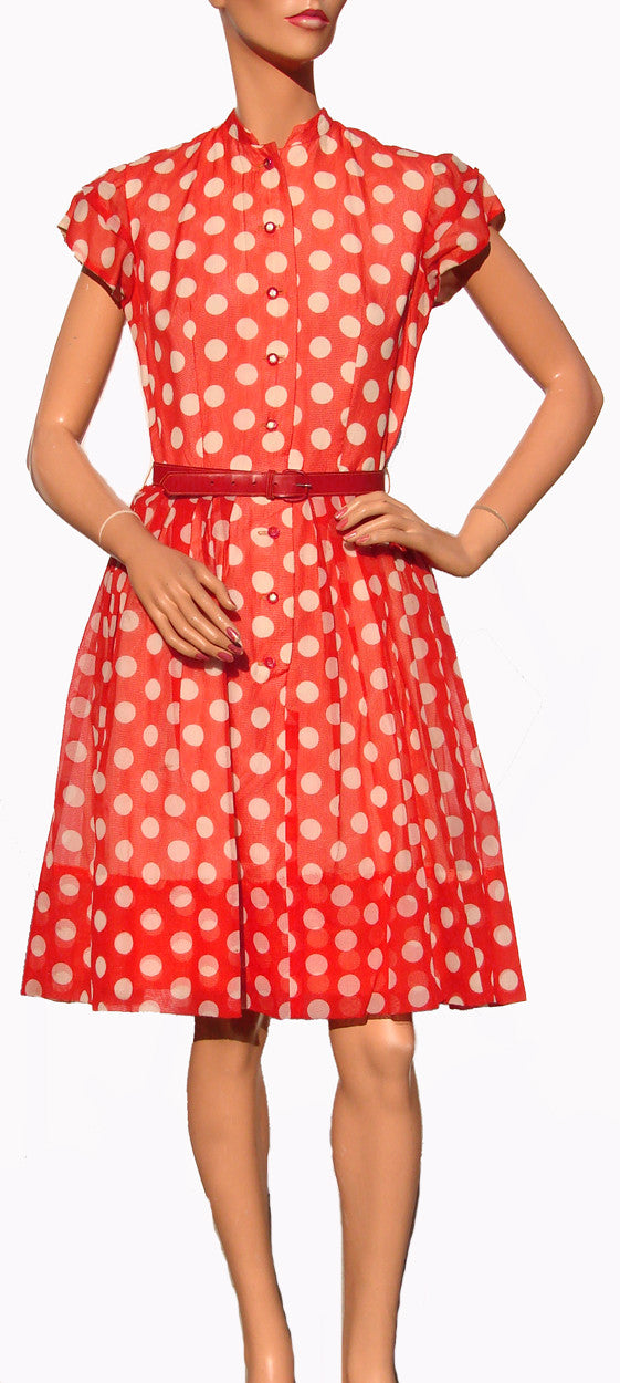 Rockabilly Style 1950s Dress Red with White Polka Dots Size S / M - Poppy's Vintage Clothing