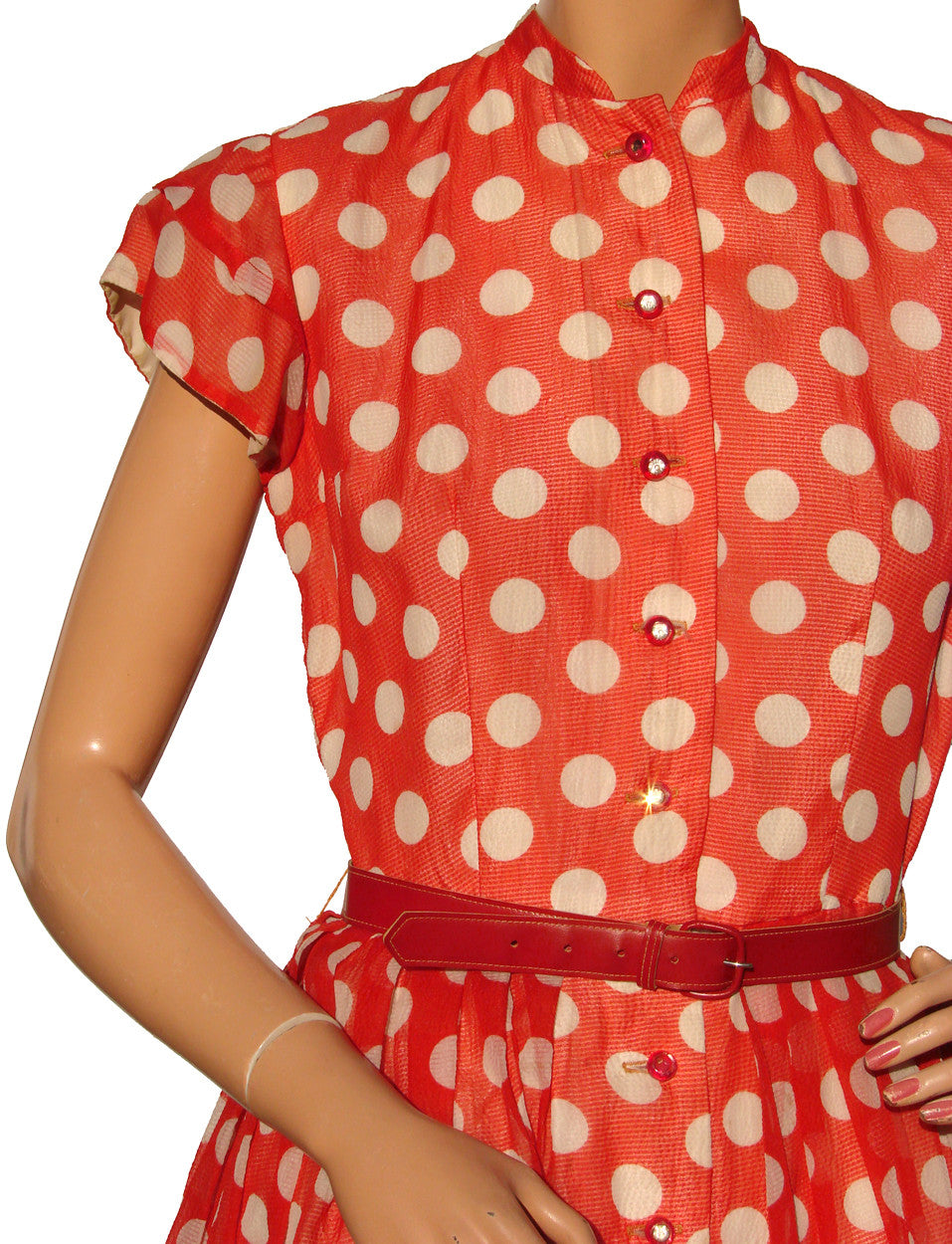 Rockabilly Style 1950s Dress Red with White Polka Dots Size S / M - Poppy's Vintage Clothing
