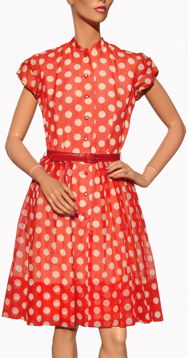 Rockabilly Style 1950s Dress Red with White Polka Dots Size S / M - Poppy's Vintage Clothing