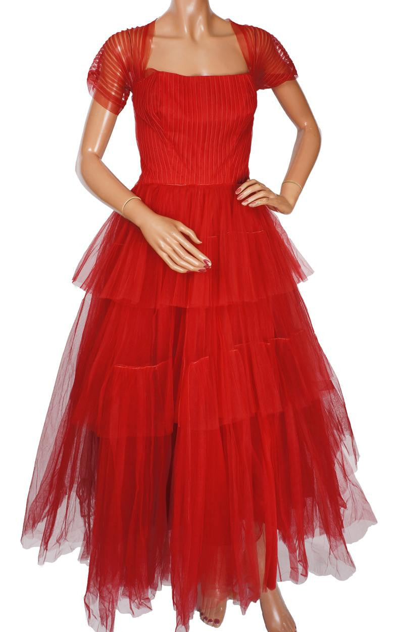 Vintage 1950s Red Tulle Party Dress by Rappi for Saks Fifth Avenue - Poppy's Vintage Clothing
