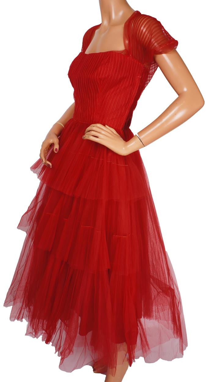 Vintage 1950s Red Tulle Party Dress by Rappi for Saks Fifth Avenue - Poppy's Vintage Clothing