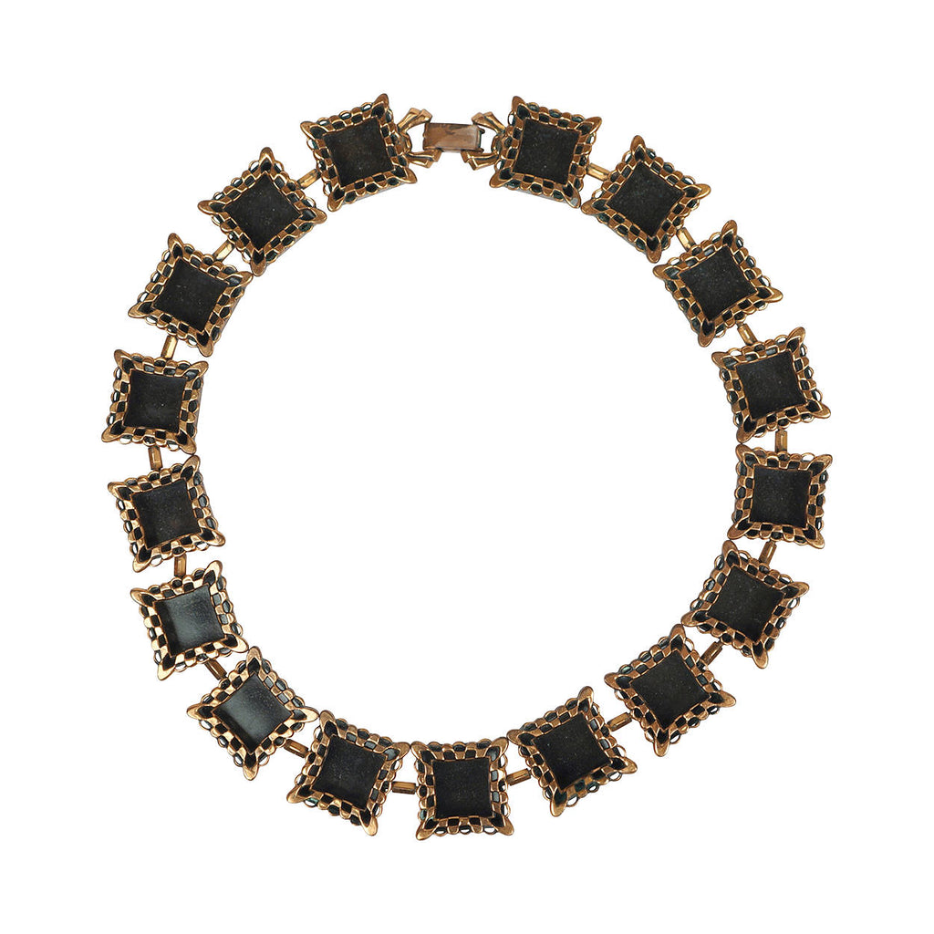 Vintage 1940s Renoir Copper Necklace Ebony Lace Shadowbox Jerry Fels California - Poppy's Vintage Clothing