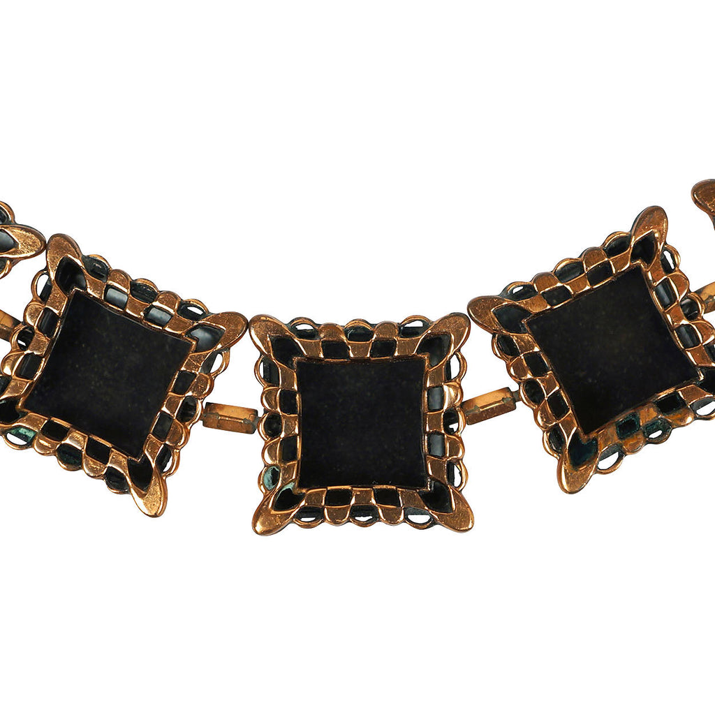 Vintage 1940s Renoir Copper Necklace Ebony Lace Shadowbox Jerry Fels California - Poppy's Vintage Clothing