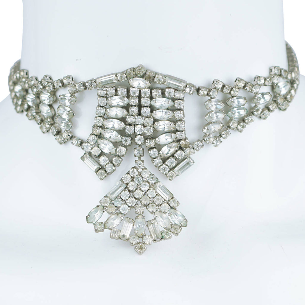 Vintage 1940s Rhinestone Choker Necklace with Drop Pendant - Poppy's Vintage Clothing
