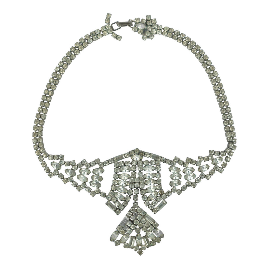 Vintage 1940s Rhinestone Choker Necklace with Drop Pendant - Poppy's Vintage Clothing