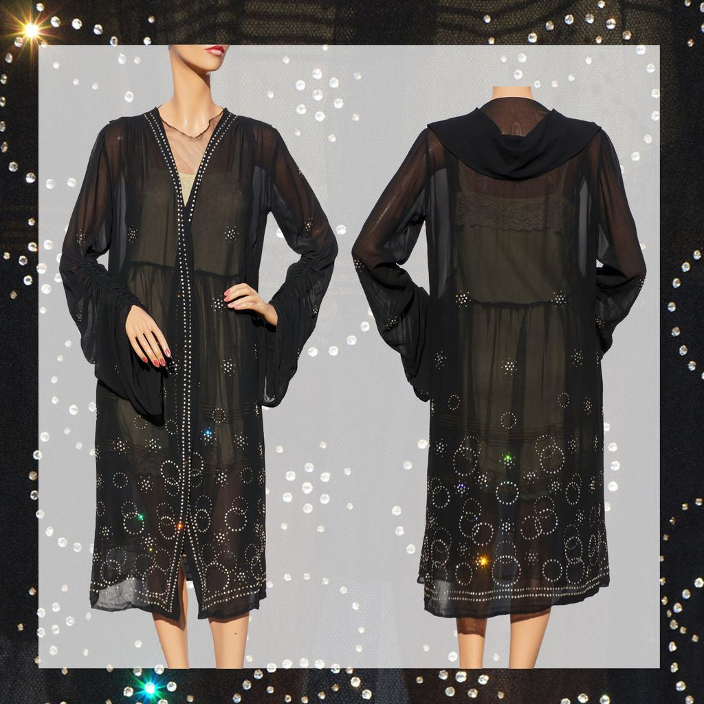 Vintage 1920s Chiffon Coat with Rhinestone Studs - Art Deco - Geometric Design - Poppy's Vintage Clothing