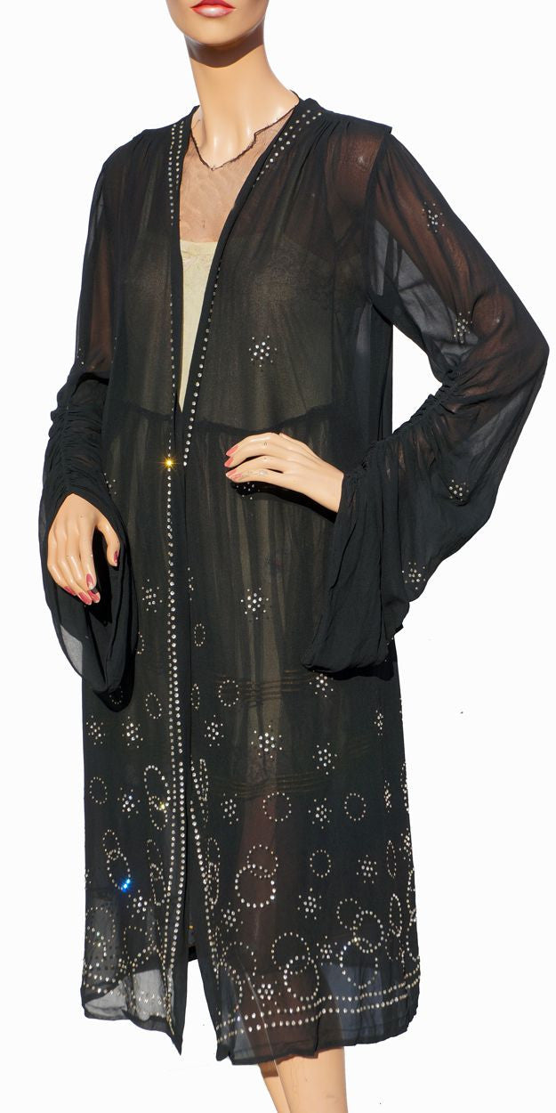 Vintage 1920s Chiffon Coat with Rhinestone Studs - Art Deco - Geometric Design - Poppy's Vintage Clothing