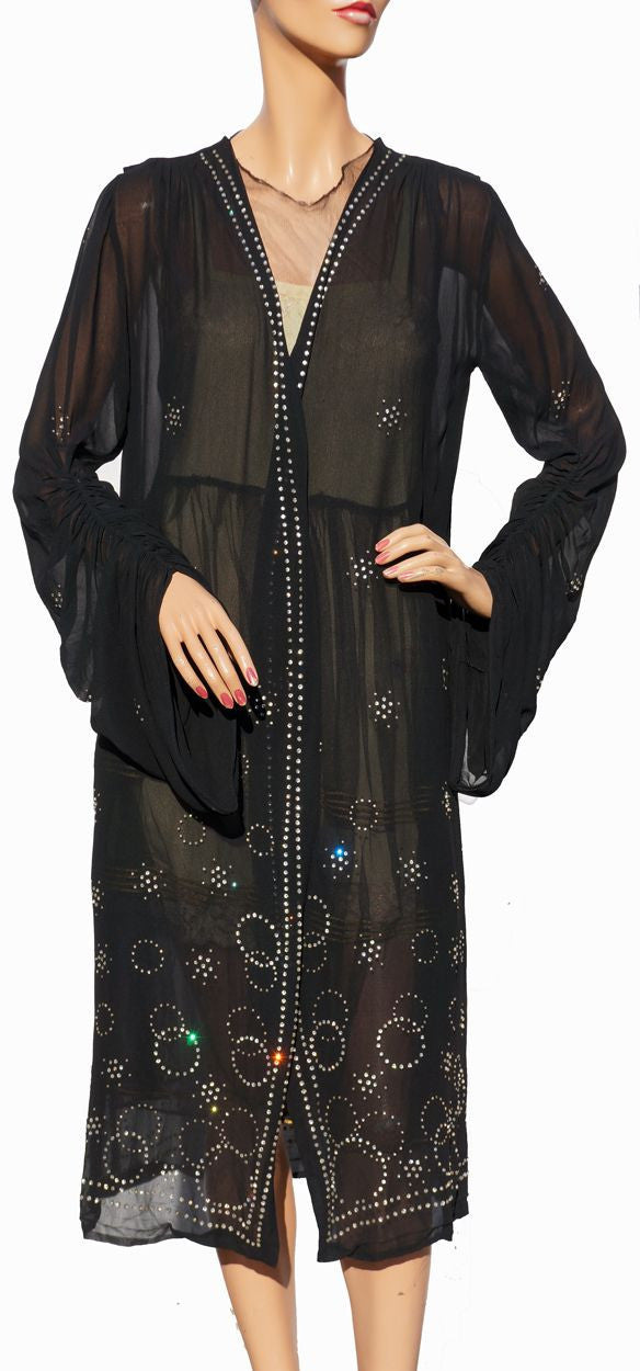 Vintage 1920s Chiffon Coat with Rhinestone Studs - Art Deco - Geometric Design - Poppy's Vintage Clothing