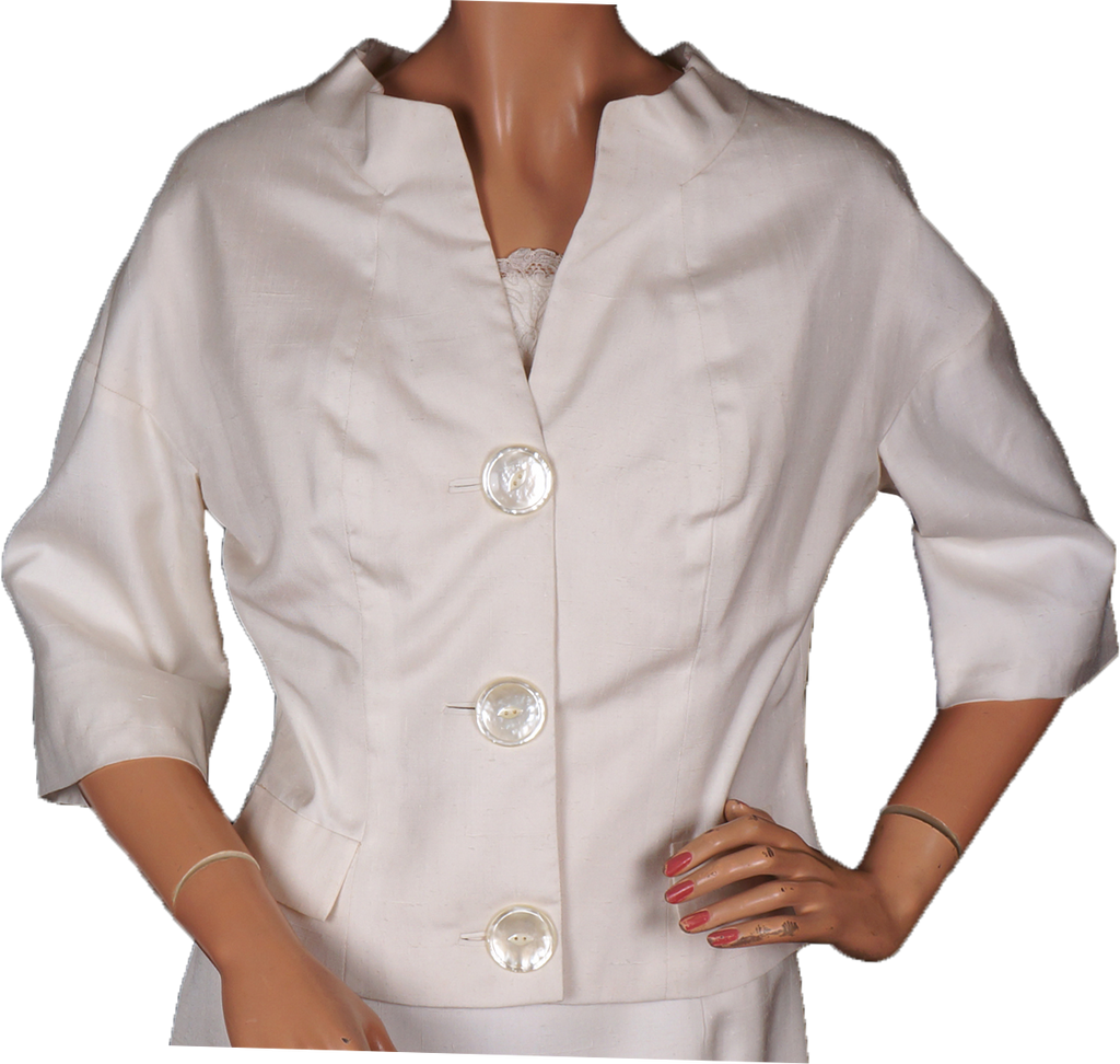 1960s White Silk Couture Dress with Jacket Size M - Poppy's Vintage Clothing
