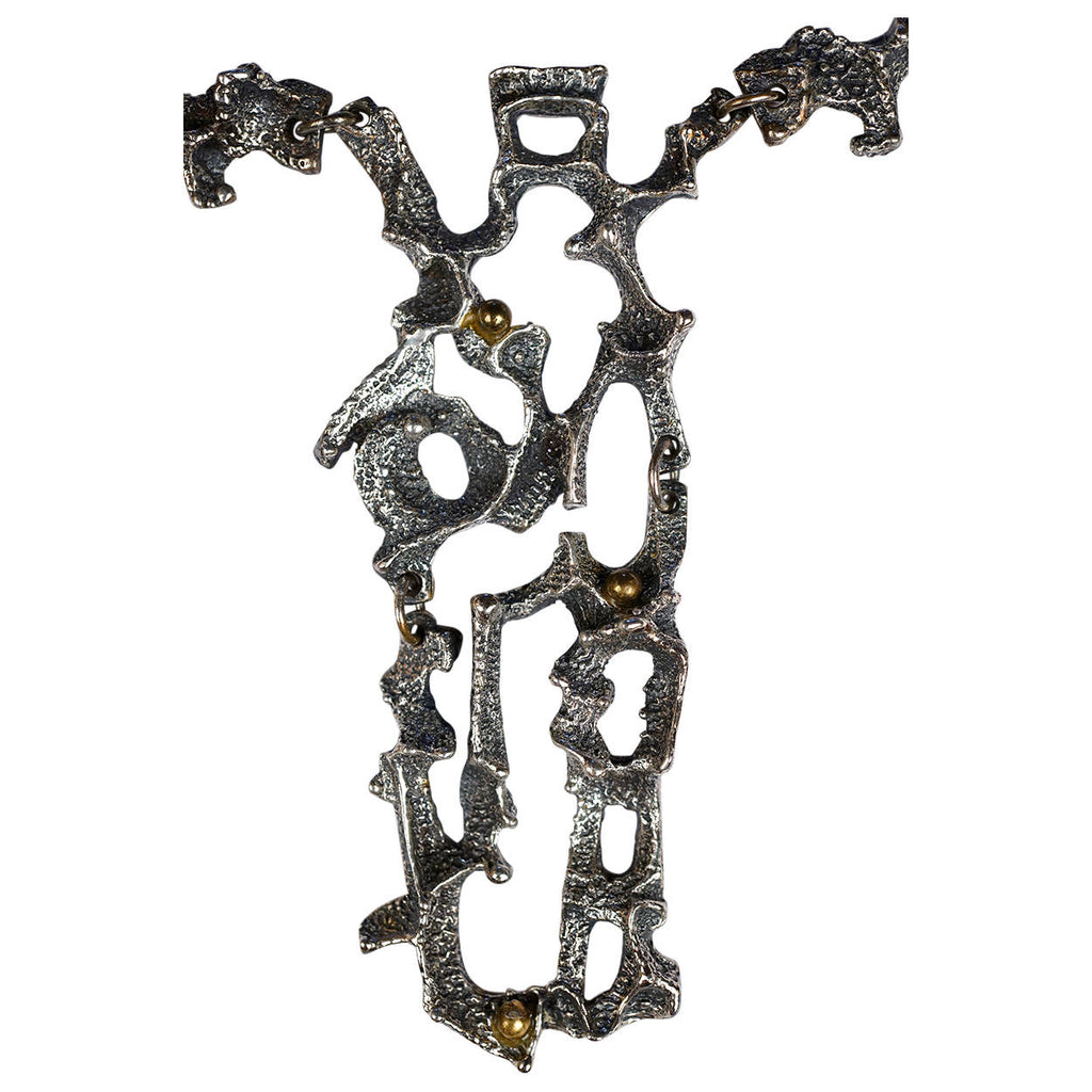 Rare 1970s Modernist Robert Larin Brutalist Necklace - Pewter Collar w Bib Pendant - Poppy's Vintage Clothing