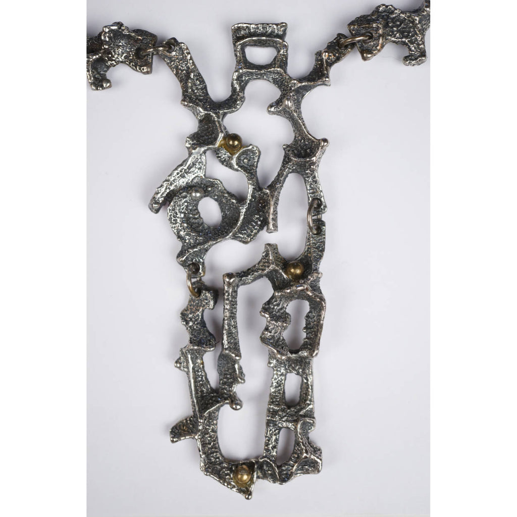 Rare 1970s Modernist Robert Larin Brutalist Necklace - Pewter Collar w Bib Pendant - Poppy's Vintage Clothing