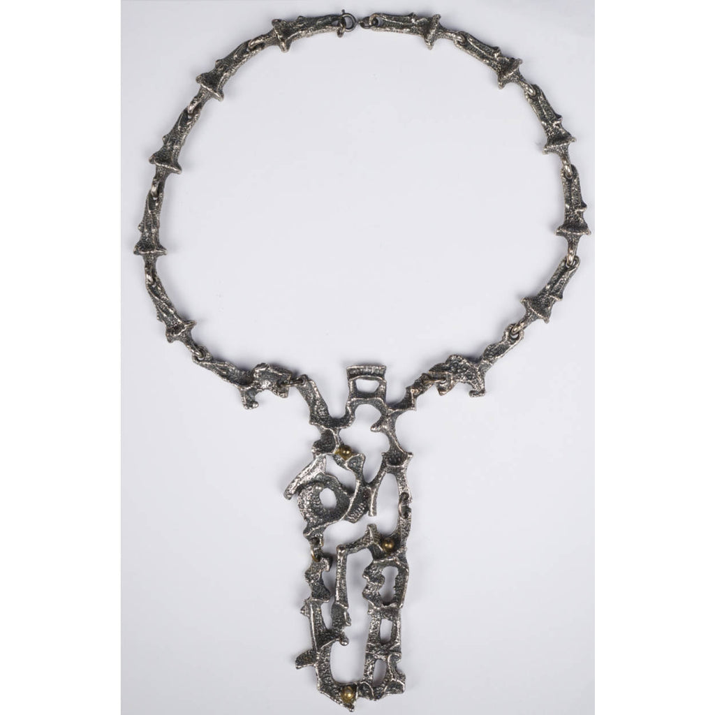 Rare 1970s Modernist Robert Larin Brutalist Necklace - Pewter Collar w Bib Pendant - Poppy's Vintage Clothing