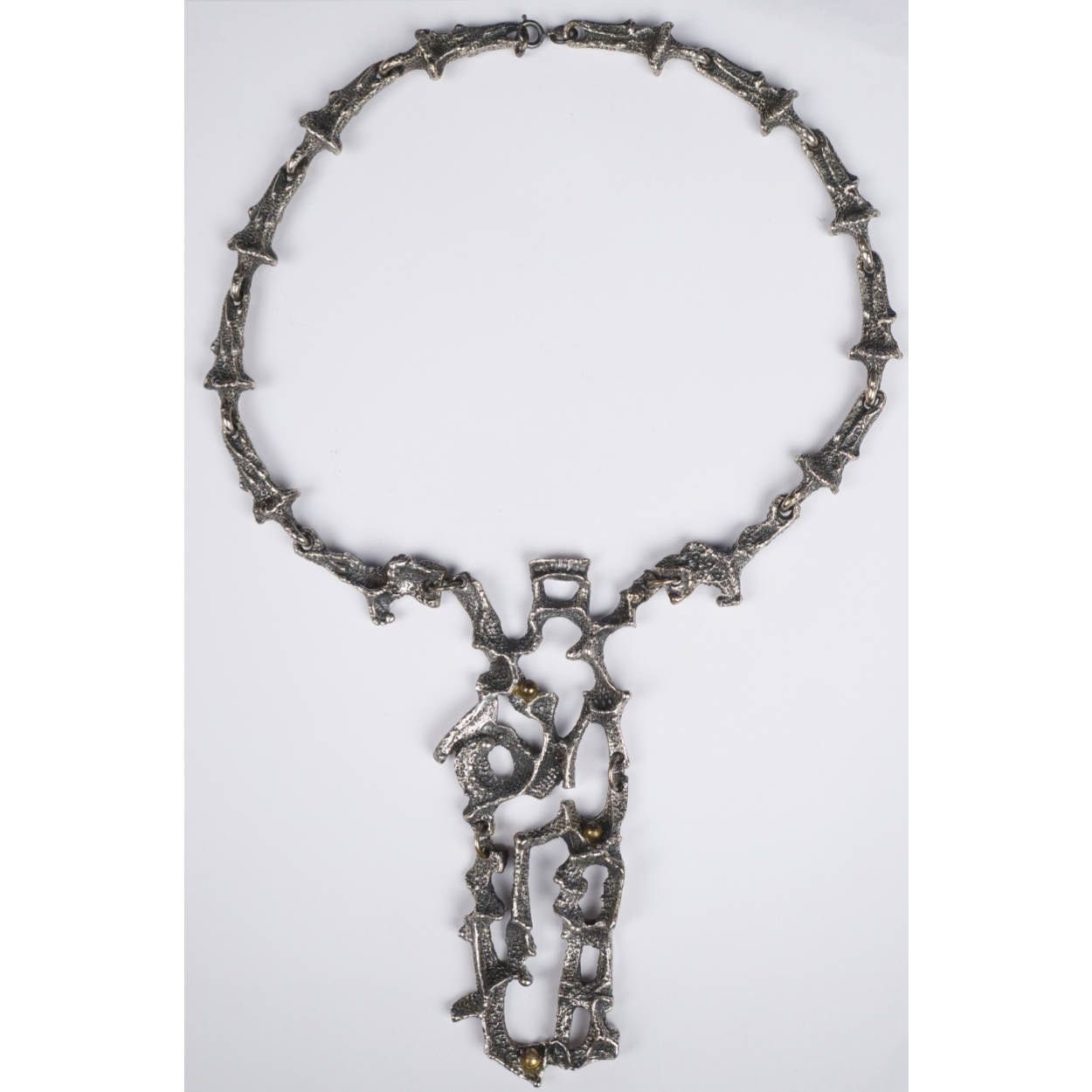 Rare 1970s Modernist Robert Larin Brutalist Necklace - Pewter Collar w Bib Pendant - Poppy's Vintage Clothing