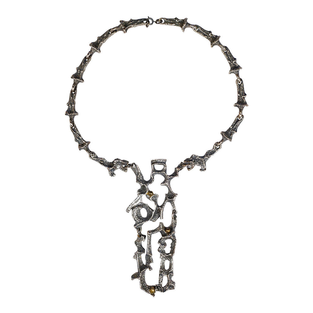 Rare 1970s Modernist Robert Larin Brutalist Necklace - Pewter Collar w Bib Pendant - Poppy's Vintage Clothing