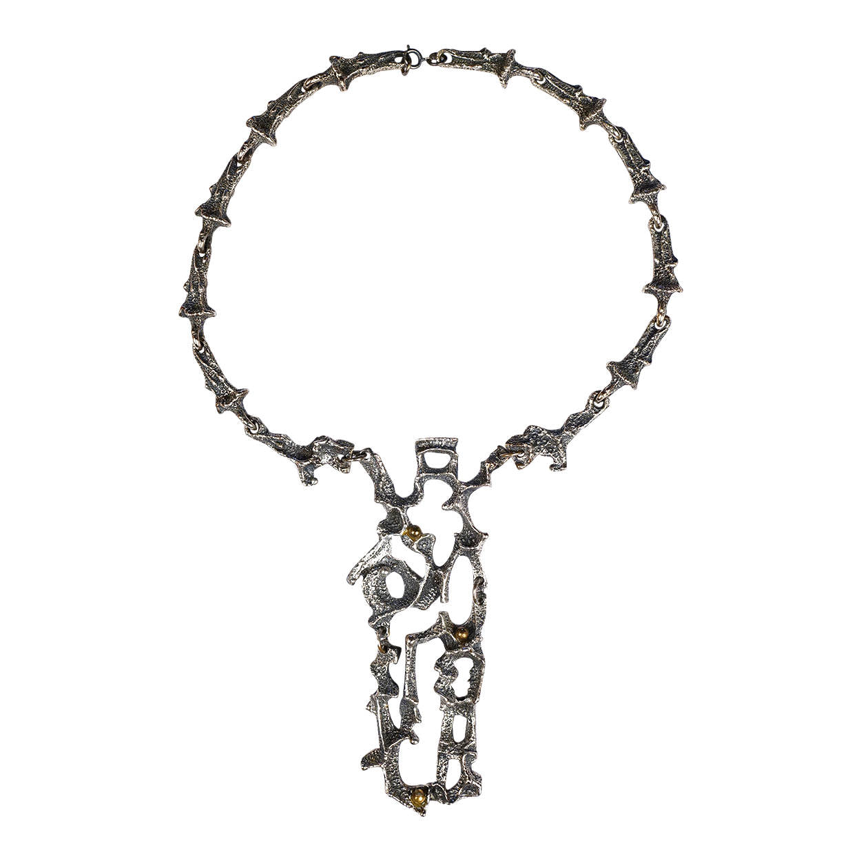 Rare 1970s Modernist Robert Larin Brutalist Necklace - Pewter Collar w Bib Pendant - Poppy's Vintage Clothing