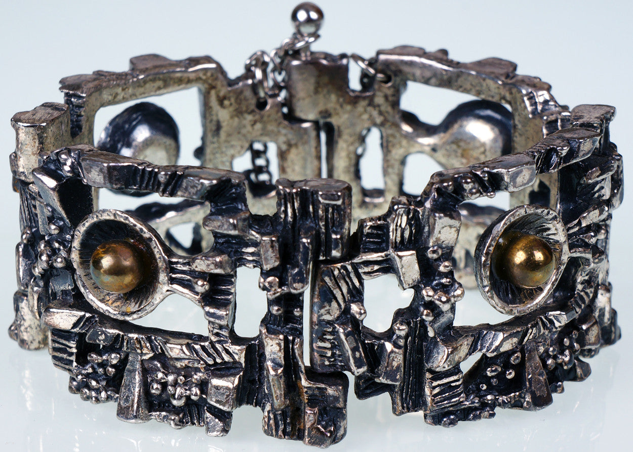 Vintage Brutalist Bracelet Robert Larin Canada 1960s Modernist Silver Plated Pewter - Poppy's Vintage Clothing