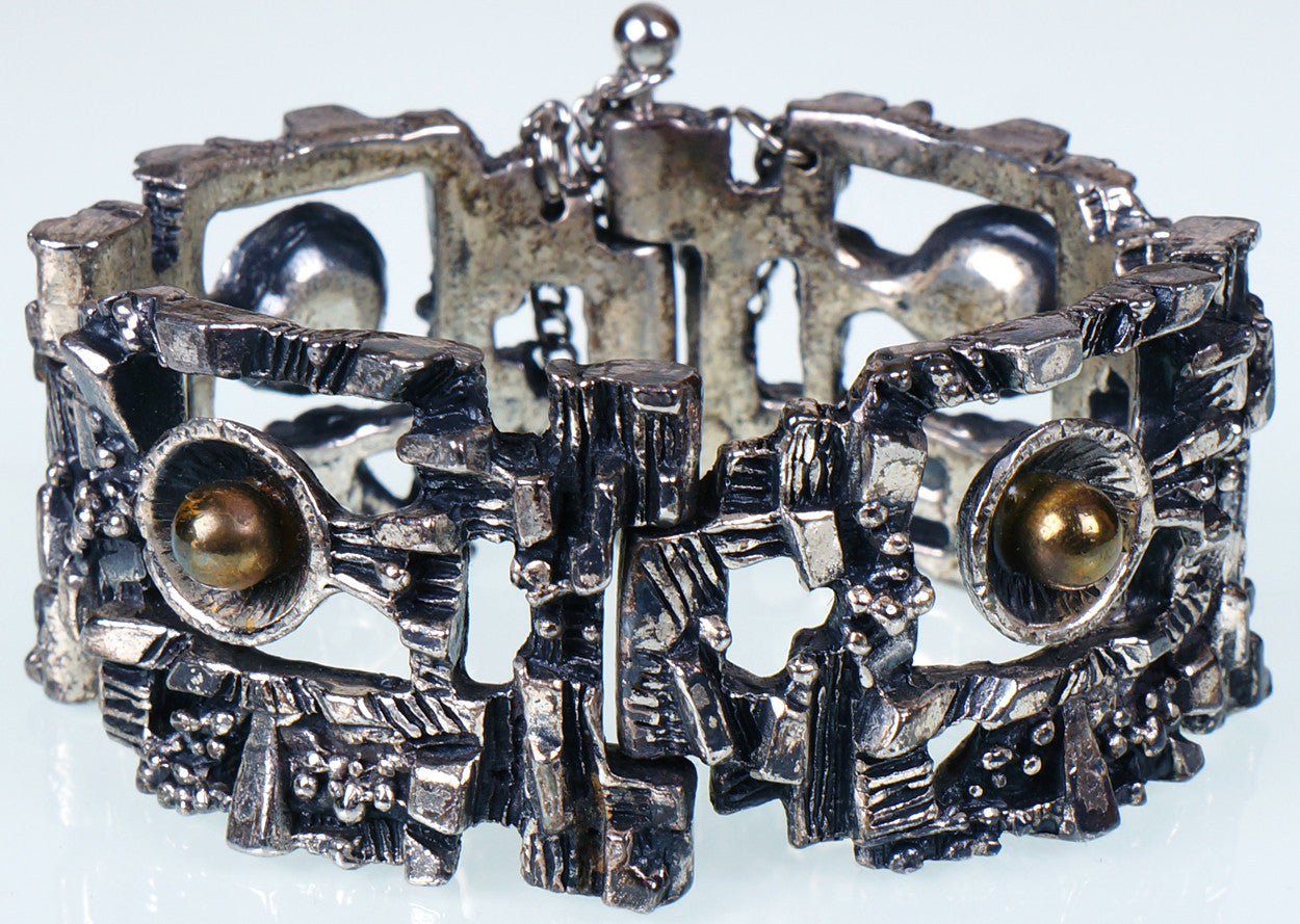 Vintage Brutalist Bracelet Robert Larin Canada 1960s Modernist Silver Plated Pewter - Poppy's Vintage Clothing