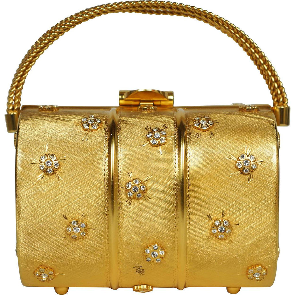 Vintage 1960s Rodo Minaudiere Box Purse Gold Metallic Evening Mini Handbag - Poppy's Vintage Clothing