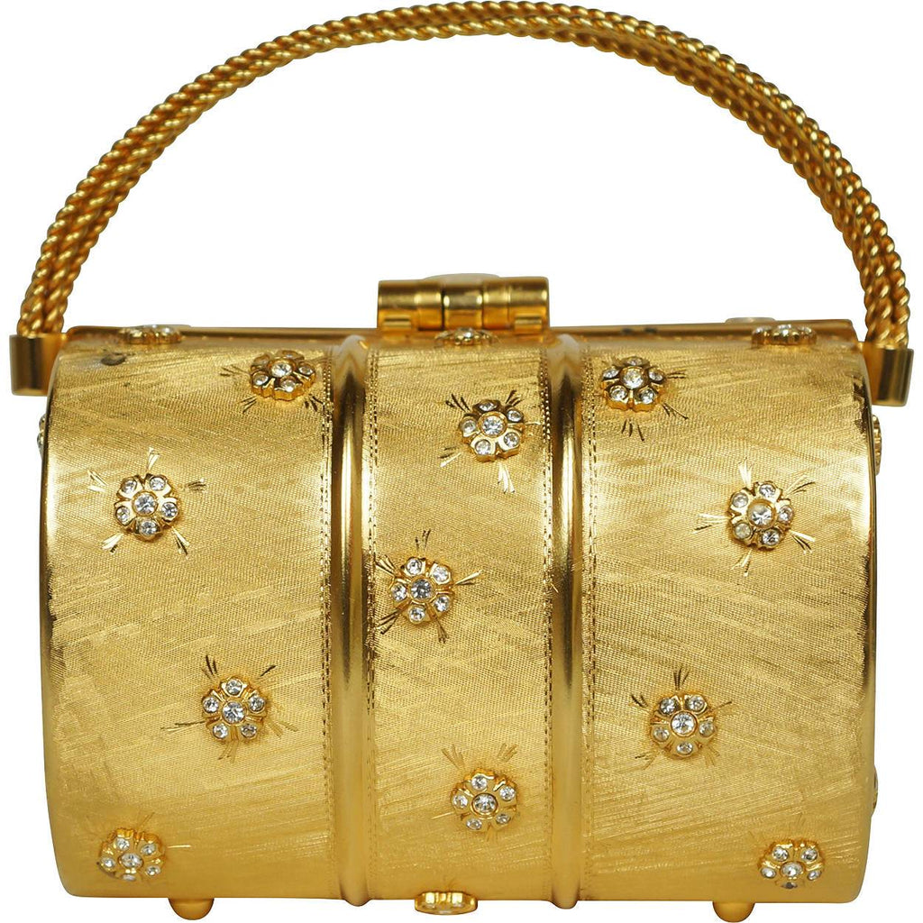 Vintage 1960s Rodo Minaudiere Box Purse Gold Metallic Evening Mini Handbag - Poppy's Vintage Clothing
