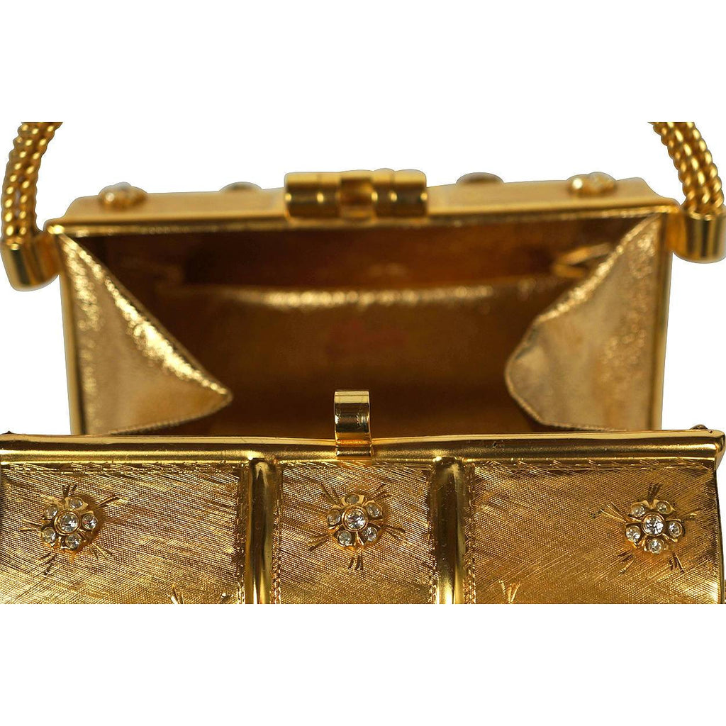 Vintage 1960s Rodo Minaudiere Box Purse Gold Metallic Evening Mini Handbag - Poppy's Vintage Clothing