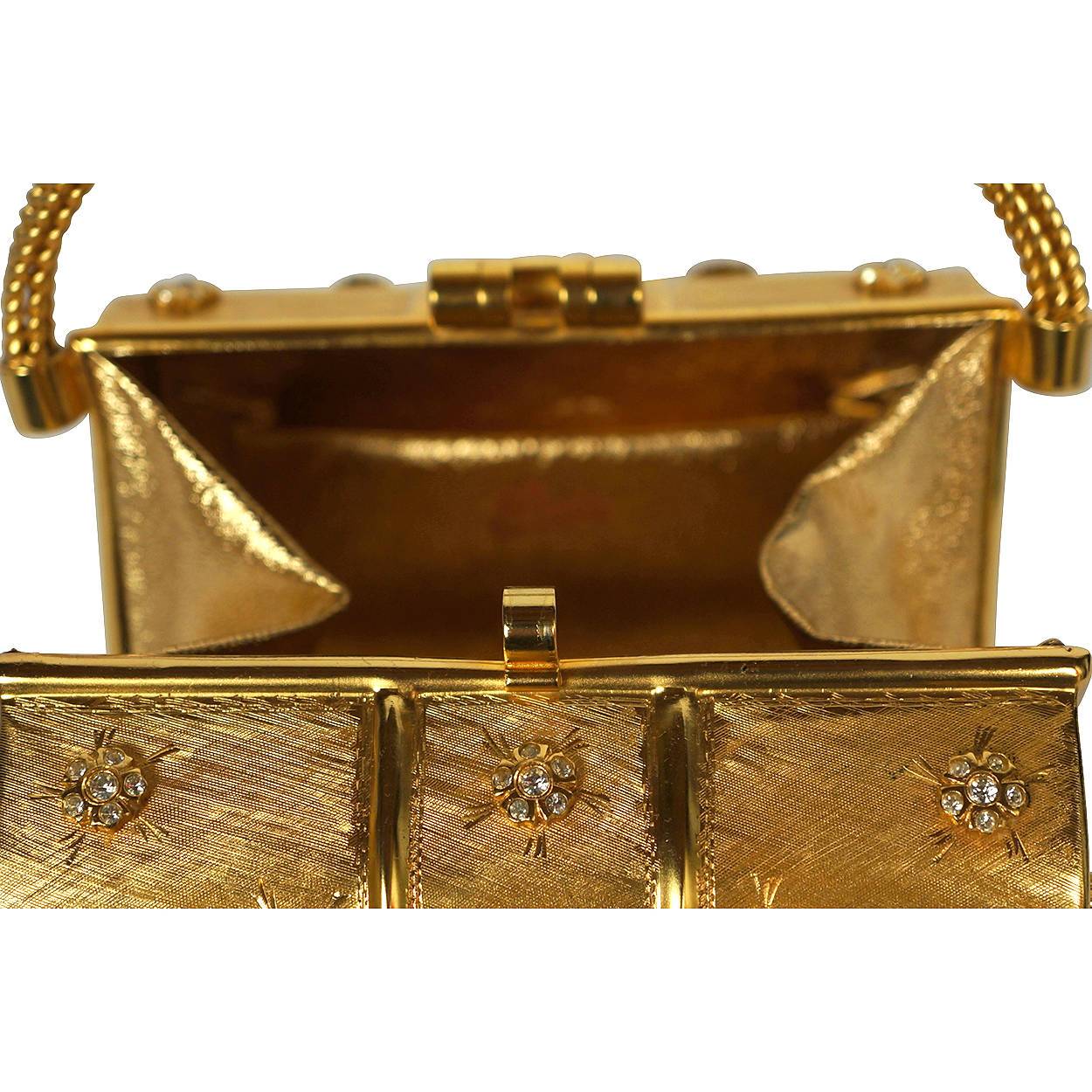 Vintage 1960s Rodo Minaudiere Box Purse Gold Metallic Evening Mini Handbag - Poppy's Vintage Clothing