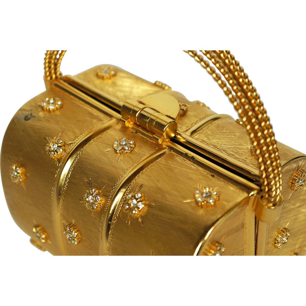 Vintage 1960s Rodo Minaudiere Box Purse Gold Metallic Evening Mini Handbag - Poppy's Vintage Clothing