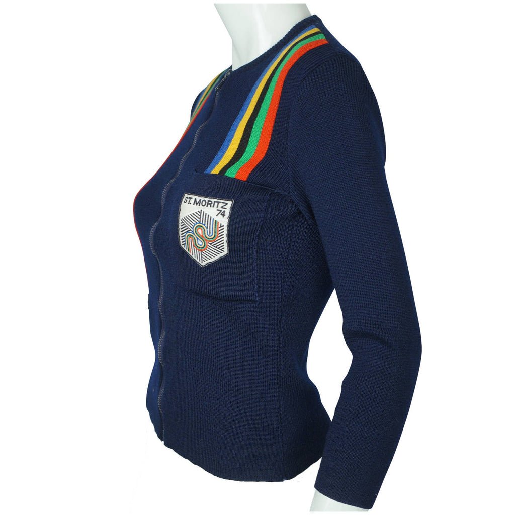 Vintage 1970s Swiss Ski Sweater Zip Up Wool Cardigan Romulus St Moritz 1974 S M - Poppy's Vintage Clothing