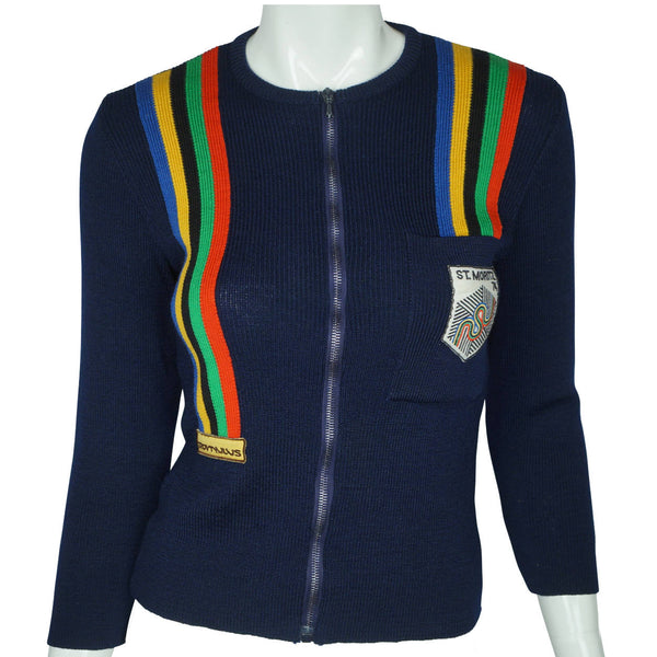 Vintage 1970s Swiss Ski Sweater Zip Up Wool Cardigan Romulus St Moritz 1974 S M - Poppy's Vintage Clothing