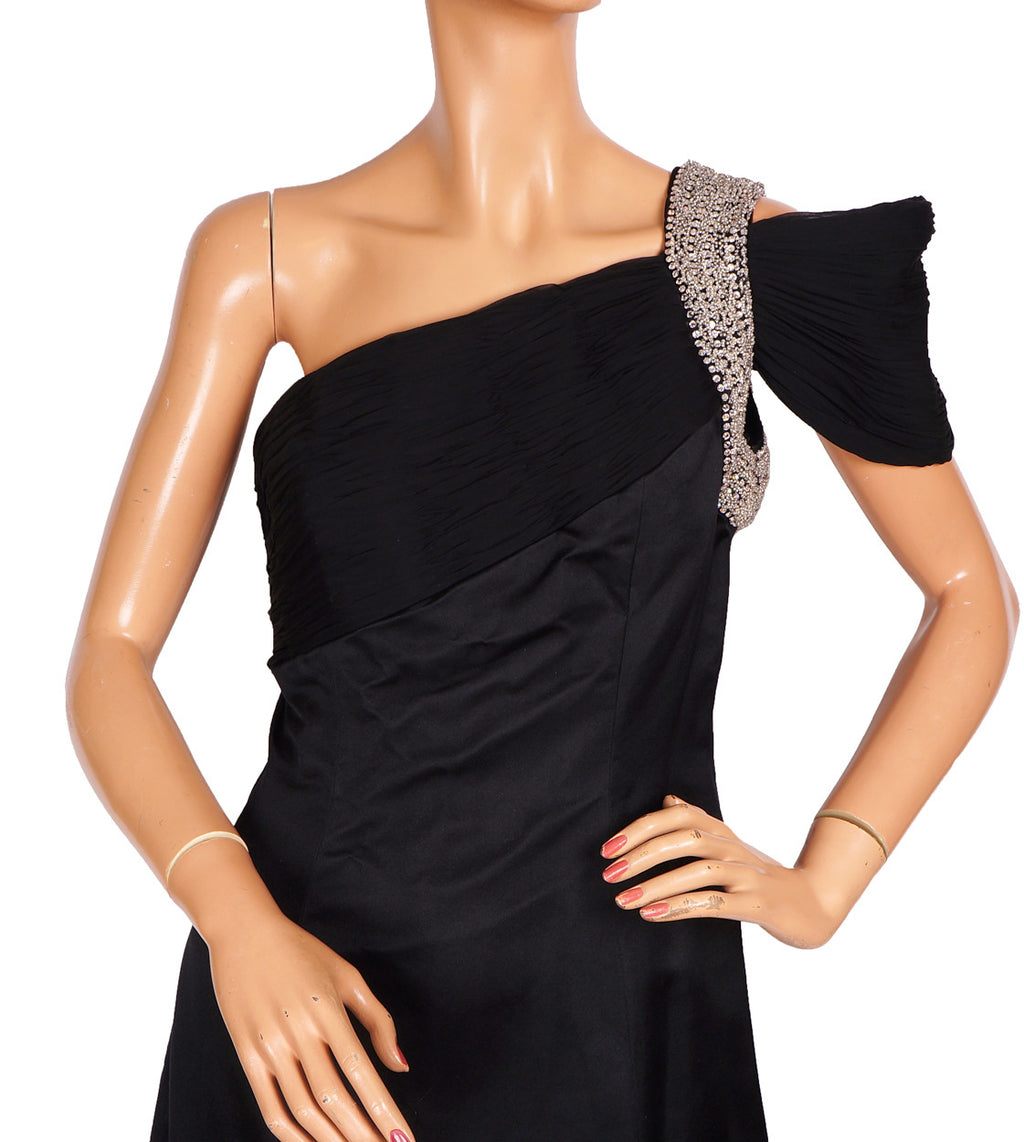 Vintage 1980s Black Silk Evening Gown One Shoulder with Rhinestones Rose Taft - Poppy's Vintage Clothing
