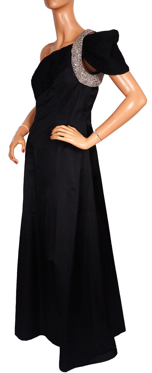 Vintage 1980s Black Silk Evening Gown One Shoulder with Rhinestones Ro –  Poppy's Vintage Clothing