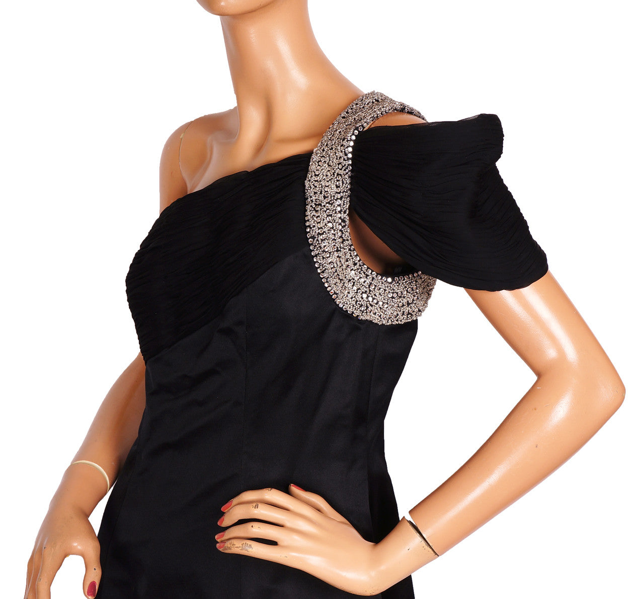 Vintage 1980s Black Silk Evening Gown One Shoulder with Rhinestones Rose Taft - Poppy's Vintage Clothing