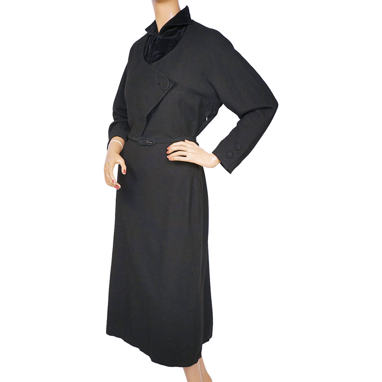 Vintage 1950s Dress Black Wool w Velvet Rosella Moden Frankfurt German Fashion M - Poppy's Vintage Clothing