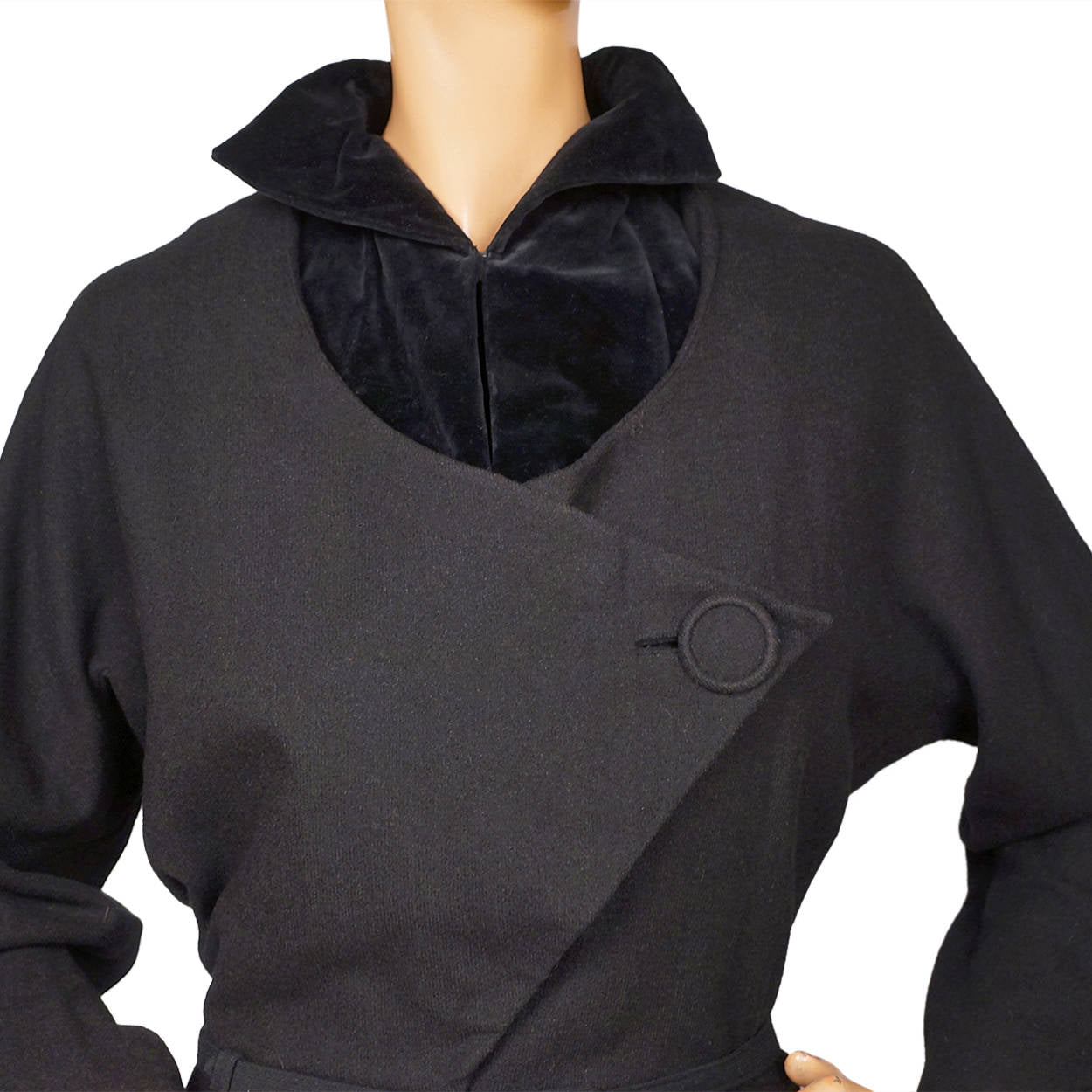 Vintage 1950s Dress Black Wool w Velvet Rosella Moden Frankfurt German Fashion M - Poppy's Vintage Clothing