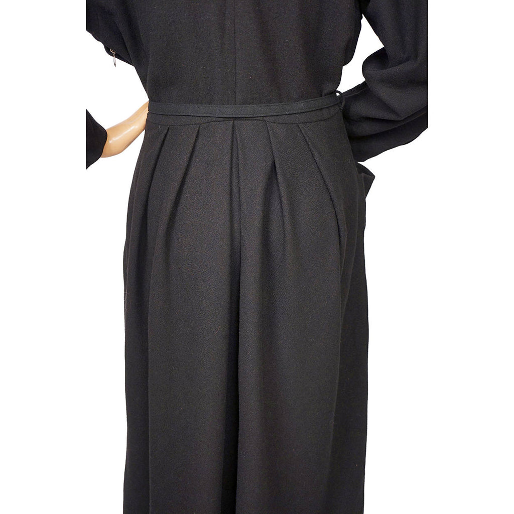 Vintage 1950s Dress Black Wool w Velvet Rosella Moden Frankfurt German Fashion M - Poppy's Vintage Clothing