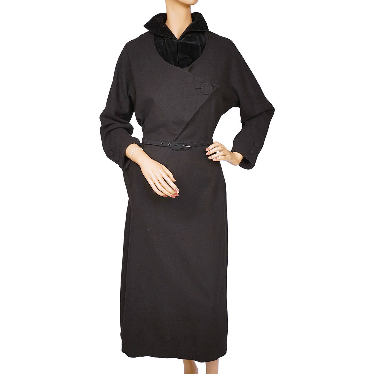 Vintage 1950s Black Dress Full Skirt Wide Belt - Ruby Lane