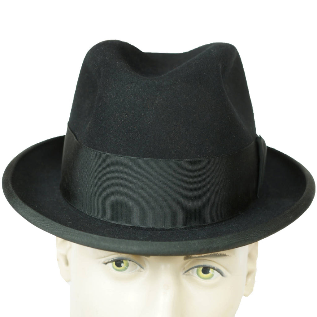Vintage 1950s Royal Stetson Homburg Black Fur Felt Fedora Hat Size 7 - Poppy's Vintage Clothing