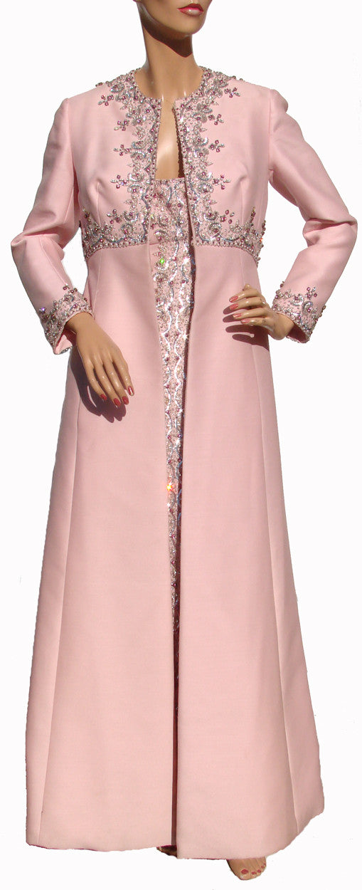 Vintage 60s Evening Gown with Matching Coat Beaded Pink Shantung Silk Medium - Poppy's Vintage Clothing