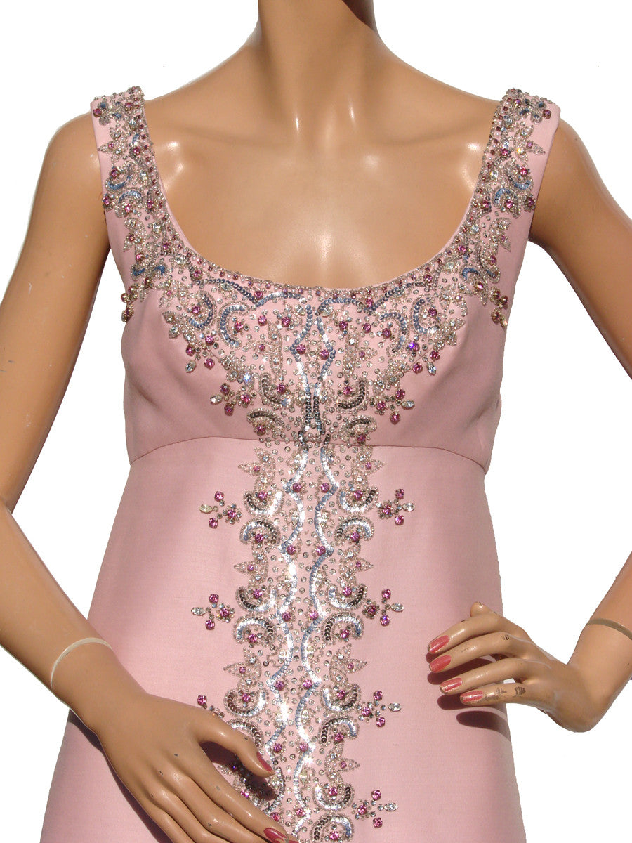 Vintage 60s Evening Gown with Matching Coat Beaded Pink Shantung Silk Medium - Poppy's Vintage Clothing