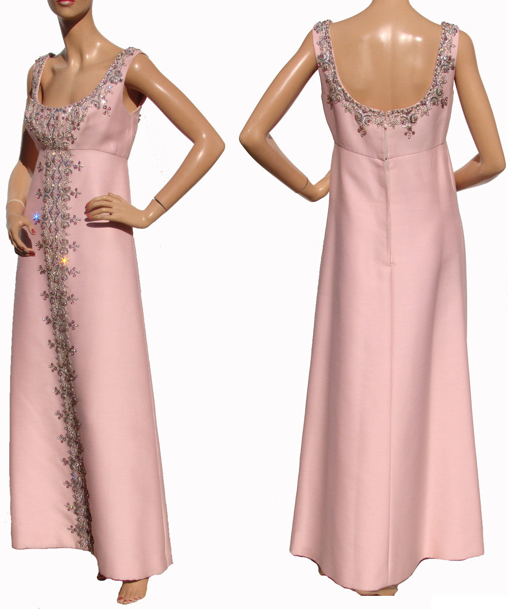 Vintage 60s Evening Gown with Matching Coat Beaded Pink Shantung Silk Medium - Poppy's Vintage Clothing