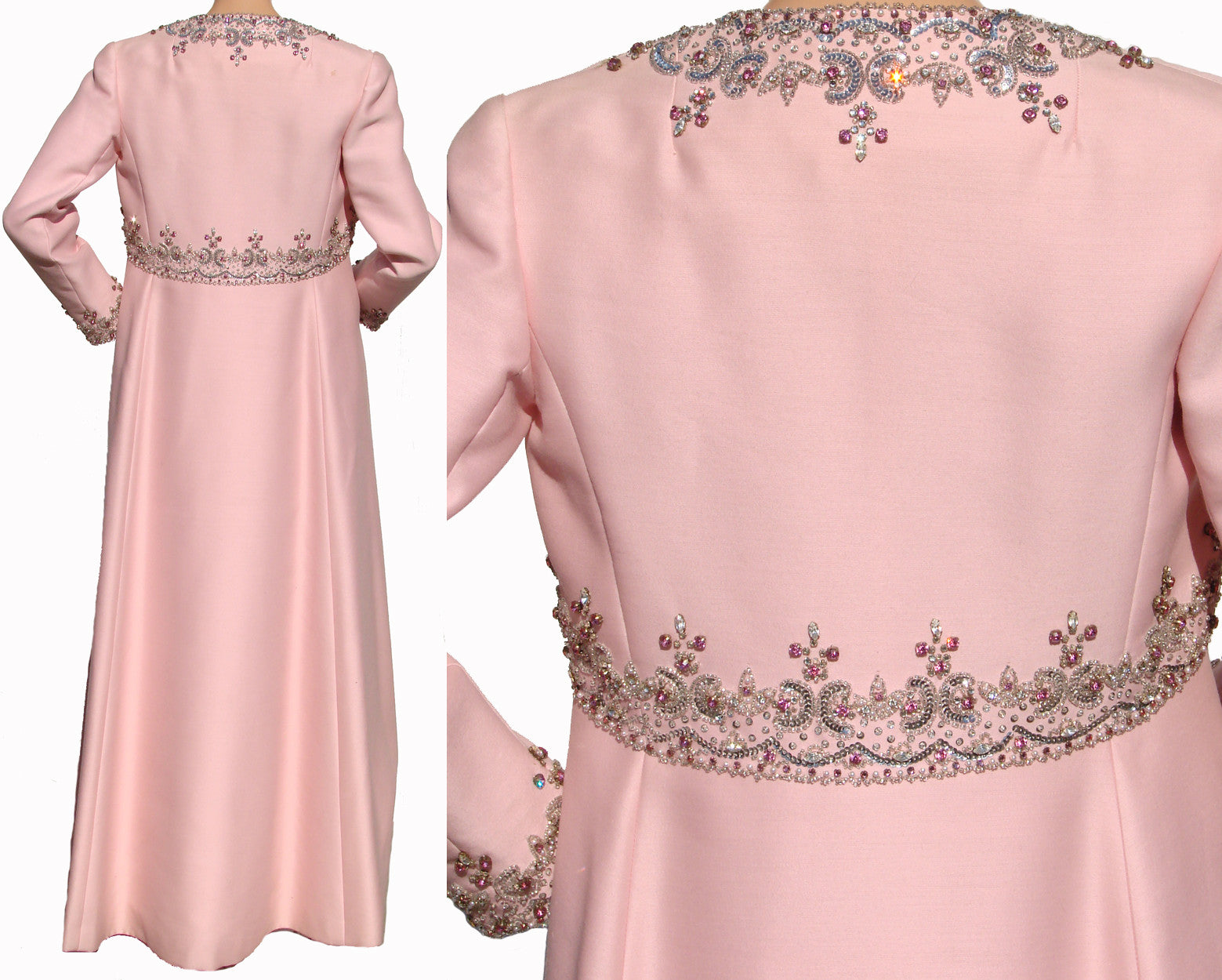 Vintage 60s Evening Gown with Matching Coat Beaded Pink Shantung Silk Medium - Poppy's Vintage Clothing